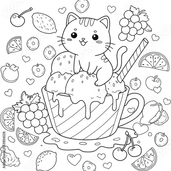 Fototapeta A kawaii coloring page of a happy cartoon cat sitting on a giant melting ice cream cup. The background is filled with scattered grapes, slices of green lemon, hearts, and small cherries. 