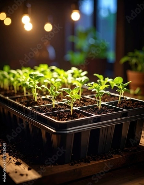 Fototapeta Young green seedlings sprouting in indoor planter illuminated by grow lights