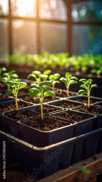 Fototapeta Young green seedlings sprouting in a black seedling tray under sunlight in greenhouse