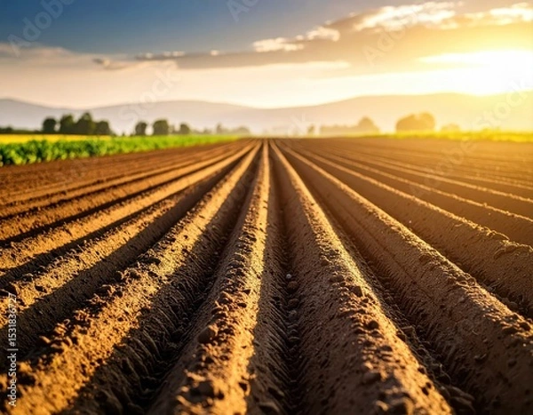 Fototapeta Vast Agricultural Field with Furrows Extending Toward a Sunset Sky and Distant Hills