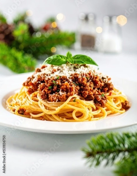 Fototapeta Delicious spaghetti with rich meat sauce topped with cheese fresh basil and parsley