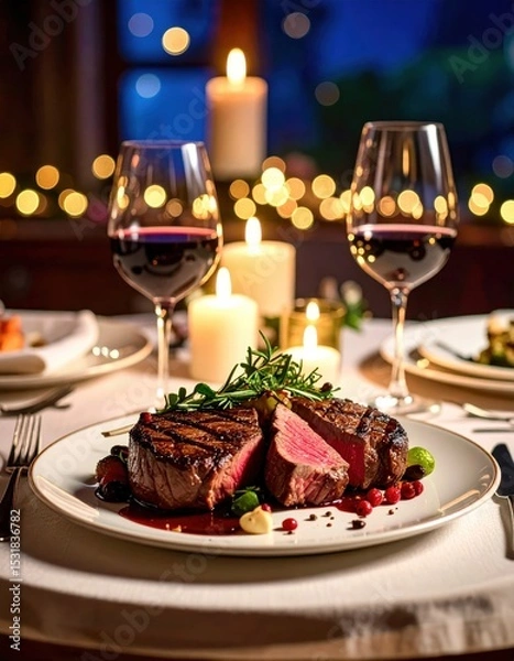 Fototapeta Elegant dinner table setting with grilled steak wine glasses candles and romantic atmosphere