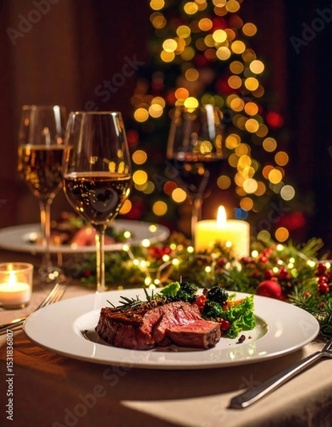 Fototapeta Elegant dinner setting with a festive Christmas table with wine and dessert