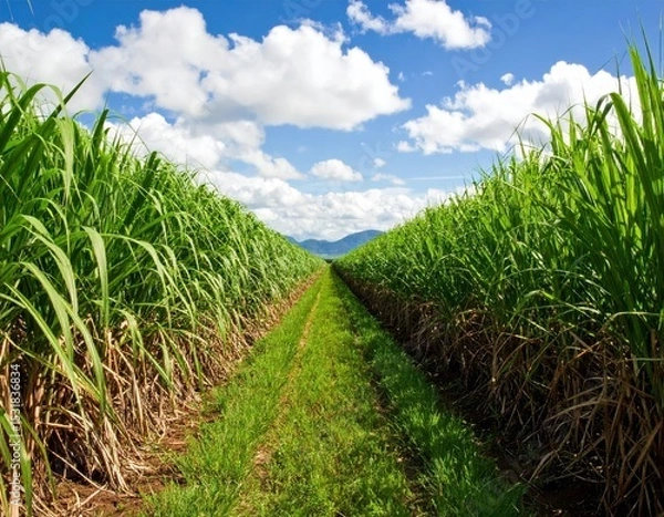 Fototapeta Lush green sugarcane fields in a rural landscape with a clear blue sky