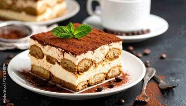 Fototapeta Delicious layered tiramisu dessert with coffee and cocoa for sweet treat