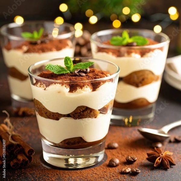 Fototapeta Chocolate tiramisu dessert served in glass cups with mint garnish and festive background