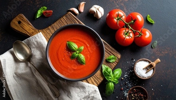 Fototapeta Fresh Tomato Soup in Bowl with Basil Garnish and Raw Tomatoes on Dark Surface