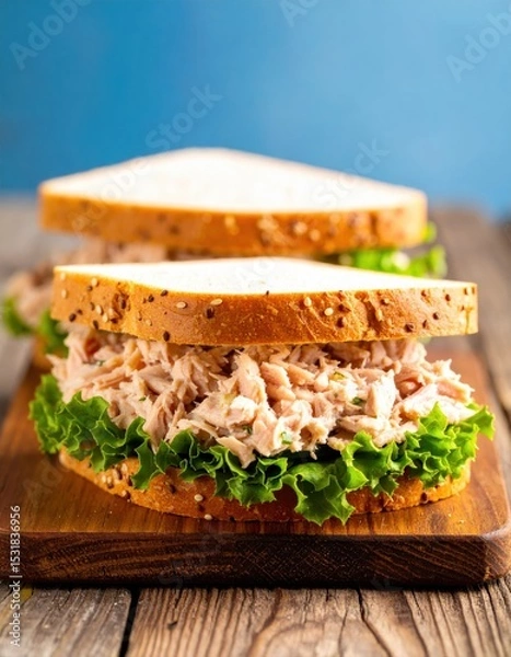 Fototapeta Fresh Tuna Salad Sandwich on Whole Grain Bread with Lettuce and Tomato