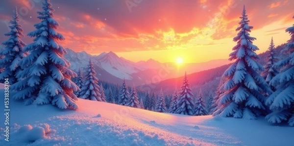 Obraz Sunset paints snowy pines, fresh snow falls softly , icy, scenic, beautiful