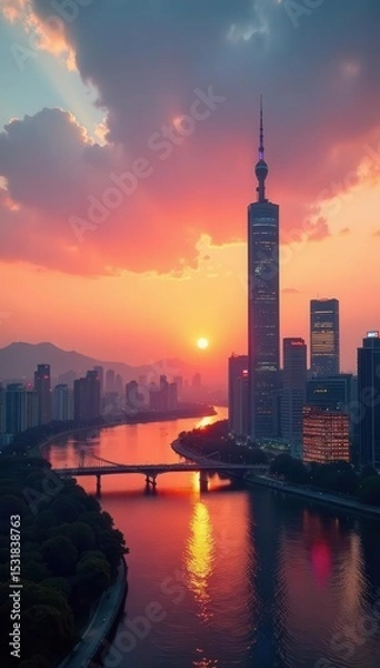 Obraz Sun sets over gleaming Shanghai towers, river reflects glow , China, illuminated, beautiful