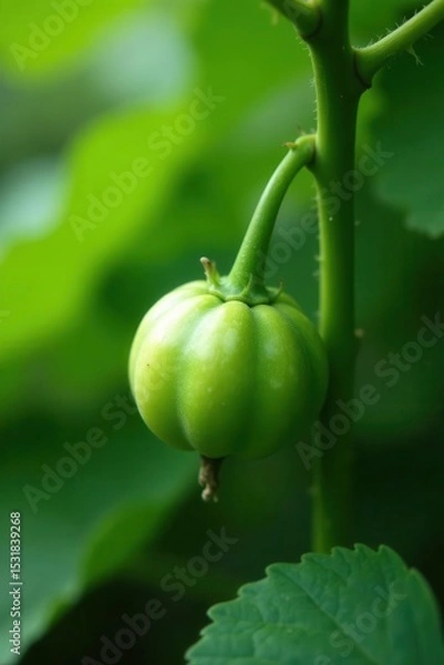 Obraz Tiny green bitter melon clinging to vine in garden , summer, freshness, bitter gourd