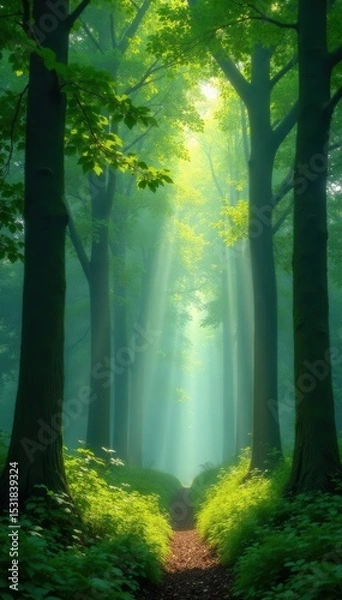 Obraz Towering beeches draped in mist, vibrant green canopy, summer sunlight filtering through , nature, lush, environmental