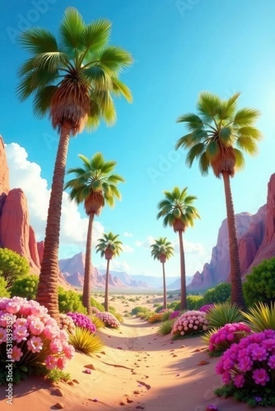 Obraz Towering palms surrounding a vibrant spring, stark desert backdrop , light, hope, scenic