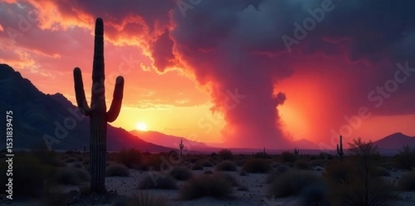 Obraz Towering saguaro silhouetted against dramatic desert storm, lightning, texture