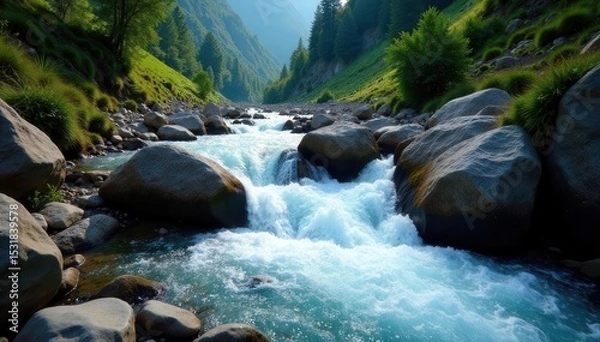 Obraz Turbulent mountain stream cascades down rocky slopes, travel, mountain, energy