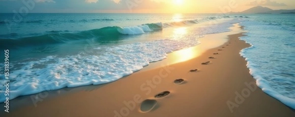 Fototapeta Two sets of parallel footprints receding into the ocean mist, path, mist