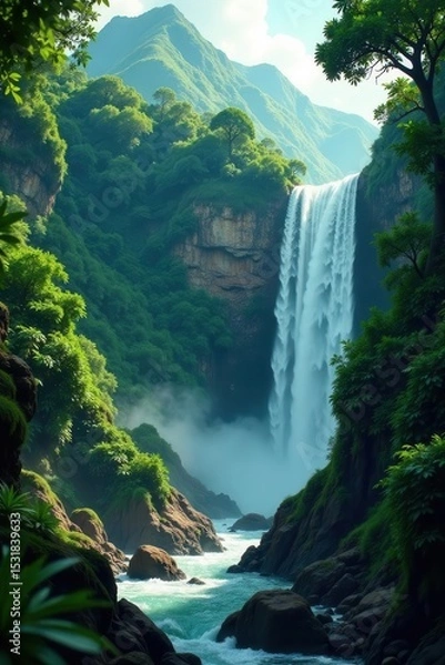 Obraz Vast rainforest panorama, cascading waterfall , adventure, environment, vibrant