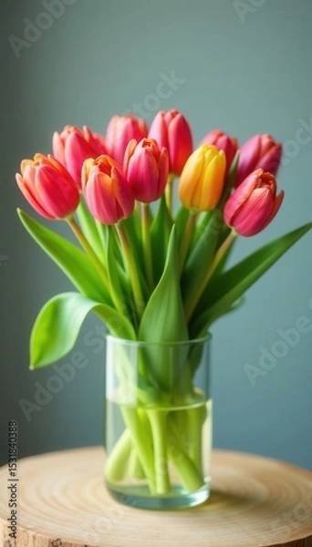 Obraz Vibrant tulips in a glass vase, spring bouquet , spring, nature