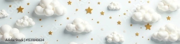 Obraz White fluffy clouds and gold stars, charming repeat pattern, illustration, digital, kawaii
