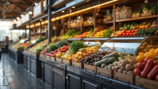 Fototapeta Vibrantly Displayed Fresh Fruits And Vegetables In A Local Market Aisle With Warm Lighting