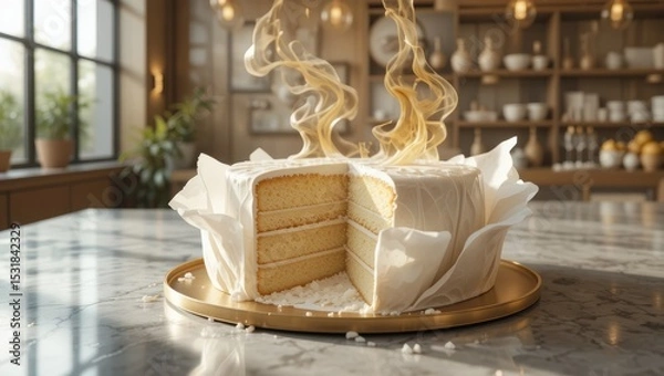 Fototapeta Deliciously Layered Yellow Cake with Cream Frosting and Inviting Aromas on a Decorative Plate in a Cozy Kitchen