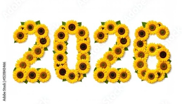 Fototapeta Happy new year 2026 created with sunflowers. The numbers are constructed from vibrant yellow sunflowers, creating a visually appealing and cheerful display.