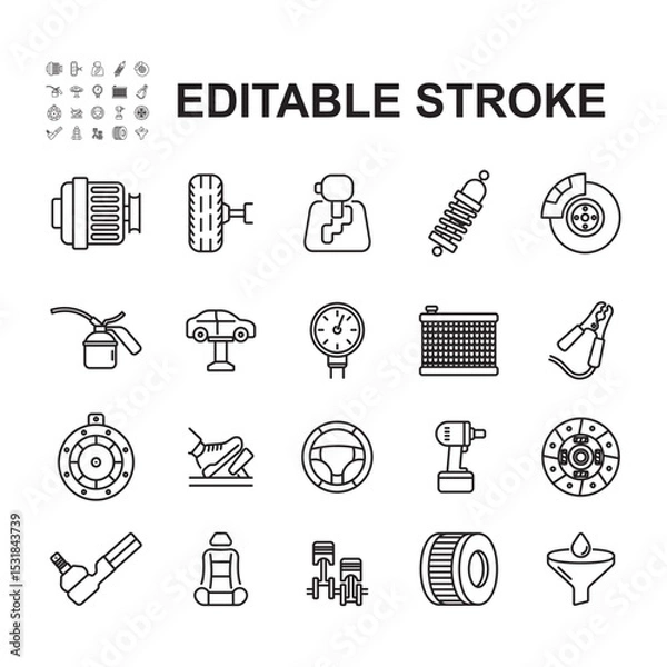 Fototapeta Collection of car component maintenance and repair icons. Thin line style vectors. Contains icons such as oil change, car components and more.