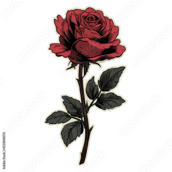Fototapeta Elegant red rose blossom with detailed line art and stark contrast styling