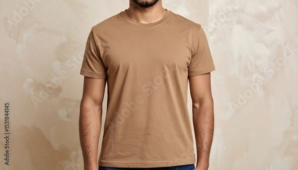 Fototapeta Man in brown T-shirt isolated on clean background. Perfect for mockup.