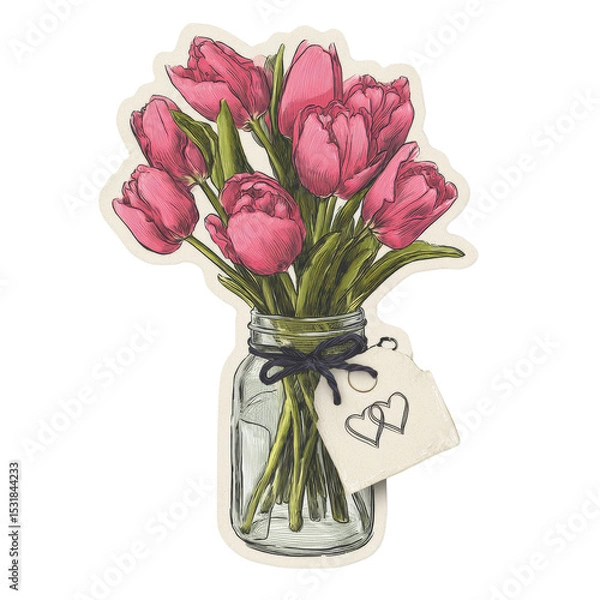 Fototapeta Charming illustration of pink tulips in a mason jar with heart tag