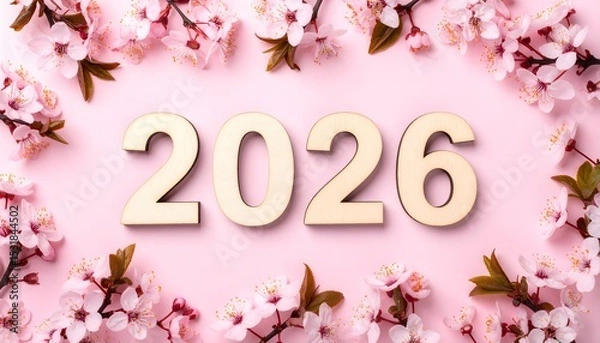 Fototapeta Wooden numbers spelling out the new year 2026, surrounded by delicate cherry blossoms on a soft pink background. 