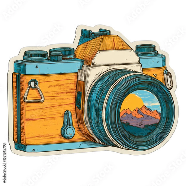 Fototapeta Vintage camera with mountain landscape reflection in the lens illustration