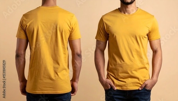 Fototapeta Mustard yellow tee shirts on male models, front and back view. Perfect for mockup.
