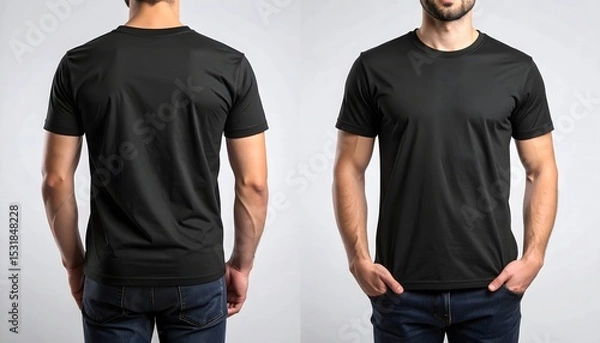 Fototapeta Stylish man wearing a black t-shirt in front view and back view. Isolated on clean background. Perfect for mockup