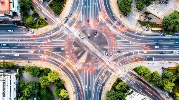 Obraz Urban traffic flow and smart city connectivity aerial view city intersection modern infrastructure dynamic environment