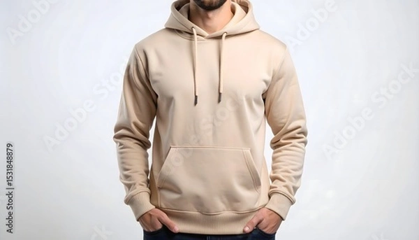 Fototapeta A stylish beige hoodie on a torso, perfect for mockup showcasing apparel designs. The hoodie features a classic kangaroo pocket and drawstrings
