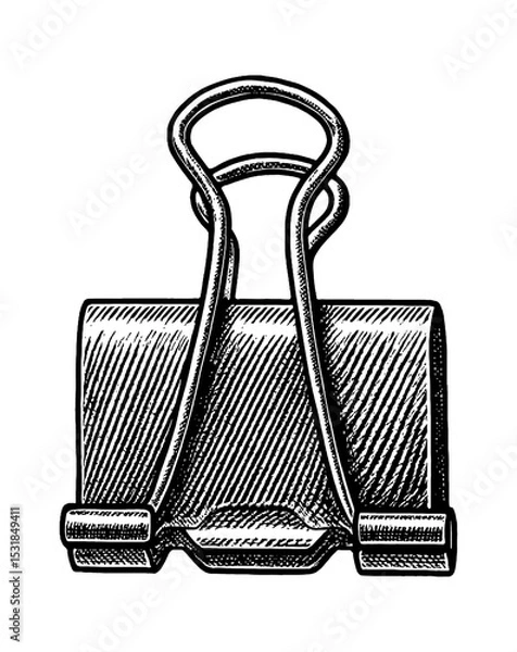 Fototapeta Detailed Engraved Illustration of Binder Clip in Black and White on White Background