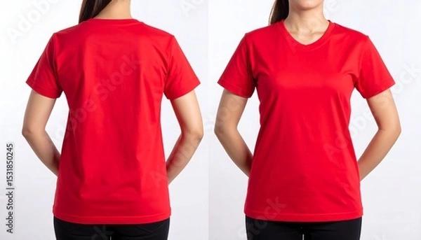 Fototapeta Front view and back view of a red t-shirt on a woman isolated on white background. Perfect for t-shirt mock up design