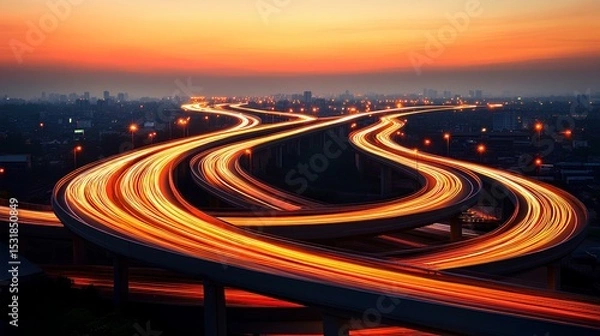 Fototapeta Smart city connectivity dynamic traffic flow on urban highways at sunset capturing modern infrastructure vibrant environment