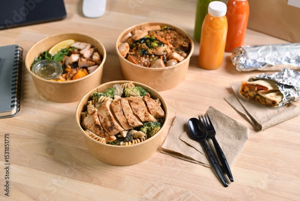 Fototapeta Having a lunch break at the office with delicious Healthy food delivery in take away boxes, Healthy eating concept.