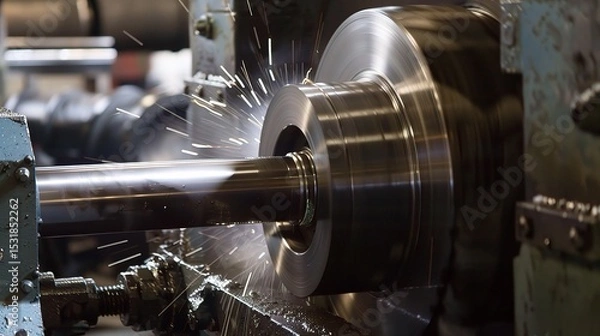 Fototapeta Close-up of internal turning operation on a lathe, showcasing a cutting tool shaping the inner diameter of a metal pipe or cylinder