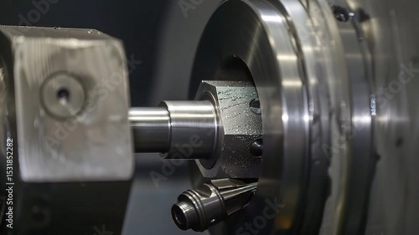 Fototapeta Close-up of internal turning operation on a lathe, showcasing a cutting tool shaping the inner diameter of a metal pipe or cylinder