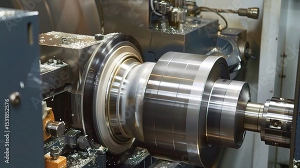 Fototapeta Close-up of internal turning operation on a lathe, showcasing a cutting tool shaping the inner diameter of a metal pipe or cylinder