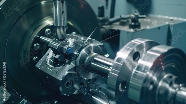 Fototapeta Close-up of internal turning operation on a lathe, showcasing a cutting tool shaping the inner diameter of a metal pipe or cylinder