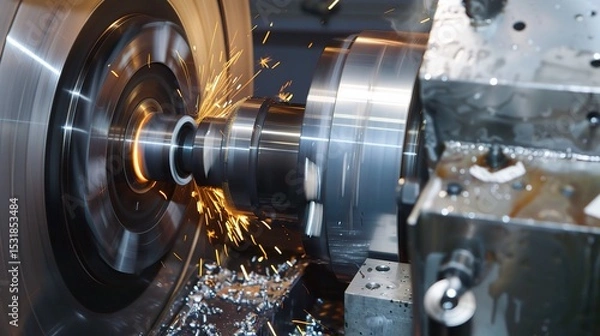 Fototapeta Close-up of internal turning operation on a lathe, showcasing a cutting tool shaping the inner diameter of a metal pipe or cylinder