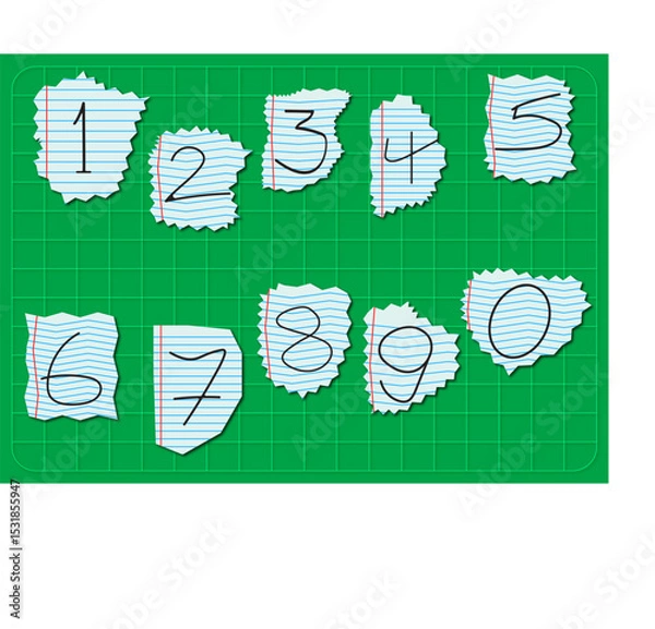 Fototapeta Digital Number puzzle Illustrated torn pieces of paper, each revealing a unique digit, assembled in a vibrant arrangement with a modern flat design style
