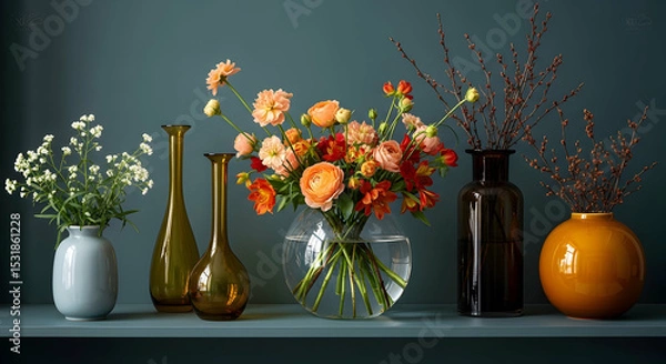 Obraz Colorful floral arrangement in various vases on teal shelf