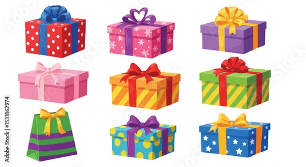 Fototapeta A collection of colorful gift boxes with various designs and ribbons