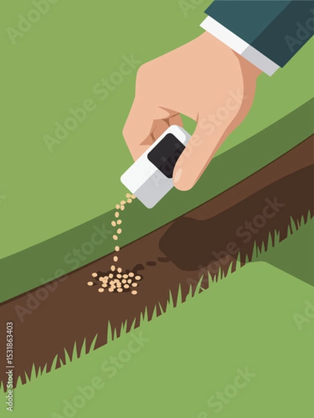 Obraz Professional hands gently applying fertilizer along the edge of a garden bed and lawn border, visible care in placement, precise granule drop, soft light, earth tones, no full human presence