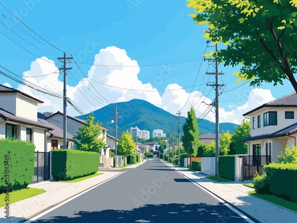 Obraz  a modern residential street in South Korea during summer, 2-point perspective, lined with clean low-rise contemporary houses with flat roofs and large windows 